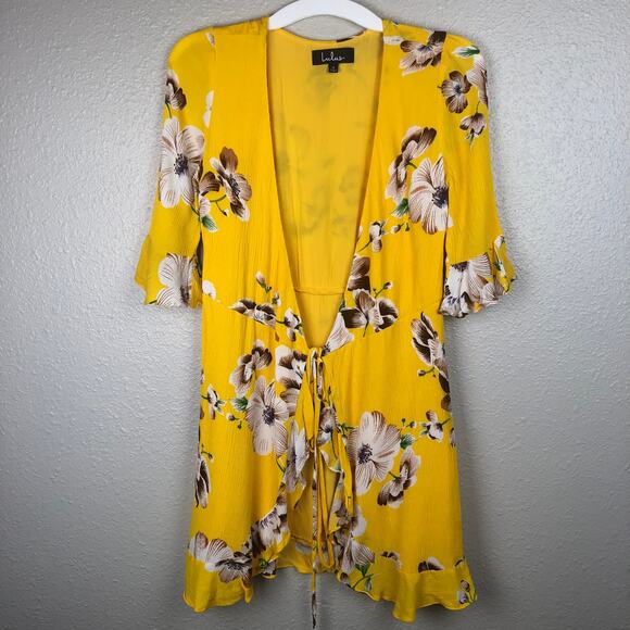 Lulus Cover Up Rayon Mustard Yellow Floral Print Kimono Top Flounce Sleeve - Picture 2 of 10